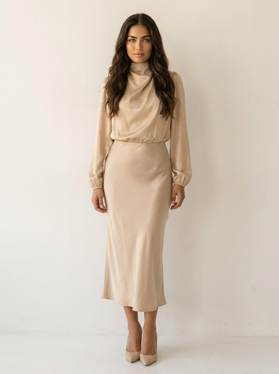 Satin Midi Dress with High Neck - Viviane