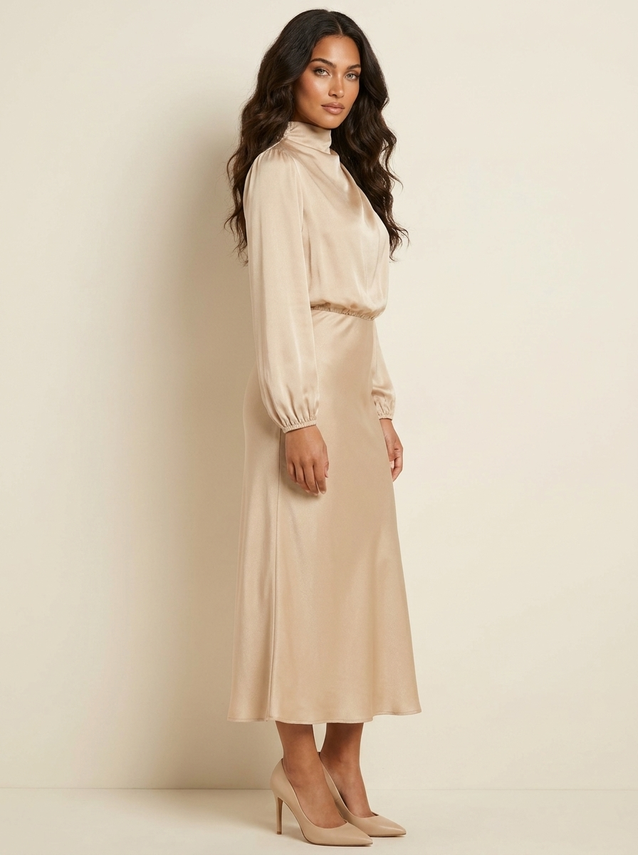 Satin Midi Dress with High Neck - Viviane