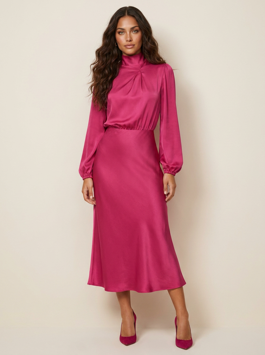 Satin Midi Dress with High Neck - Viviane
