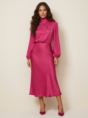 Satin Midi Dress with High Neck - Viviane