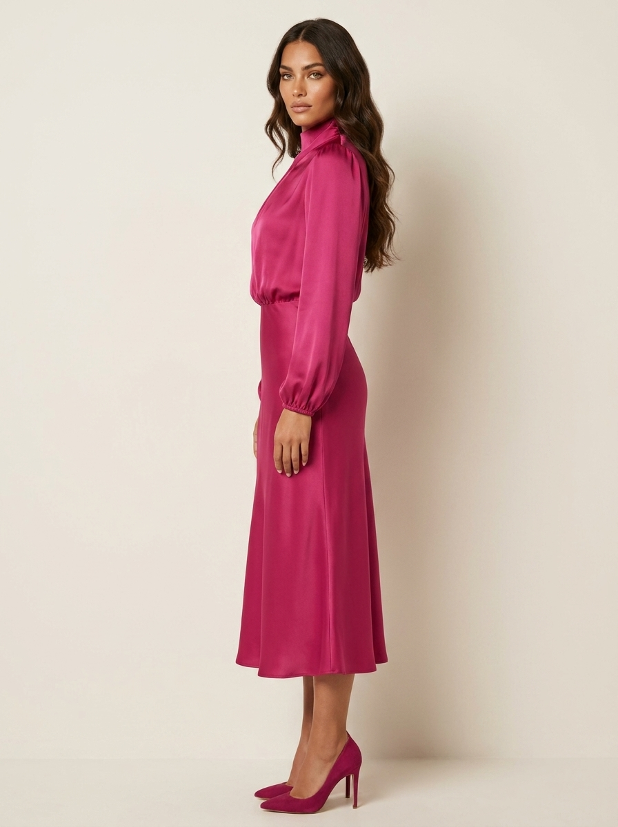 Satin Midi Dress with High Neck - Viviane