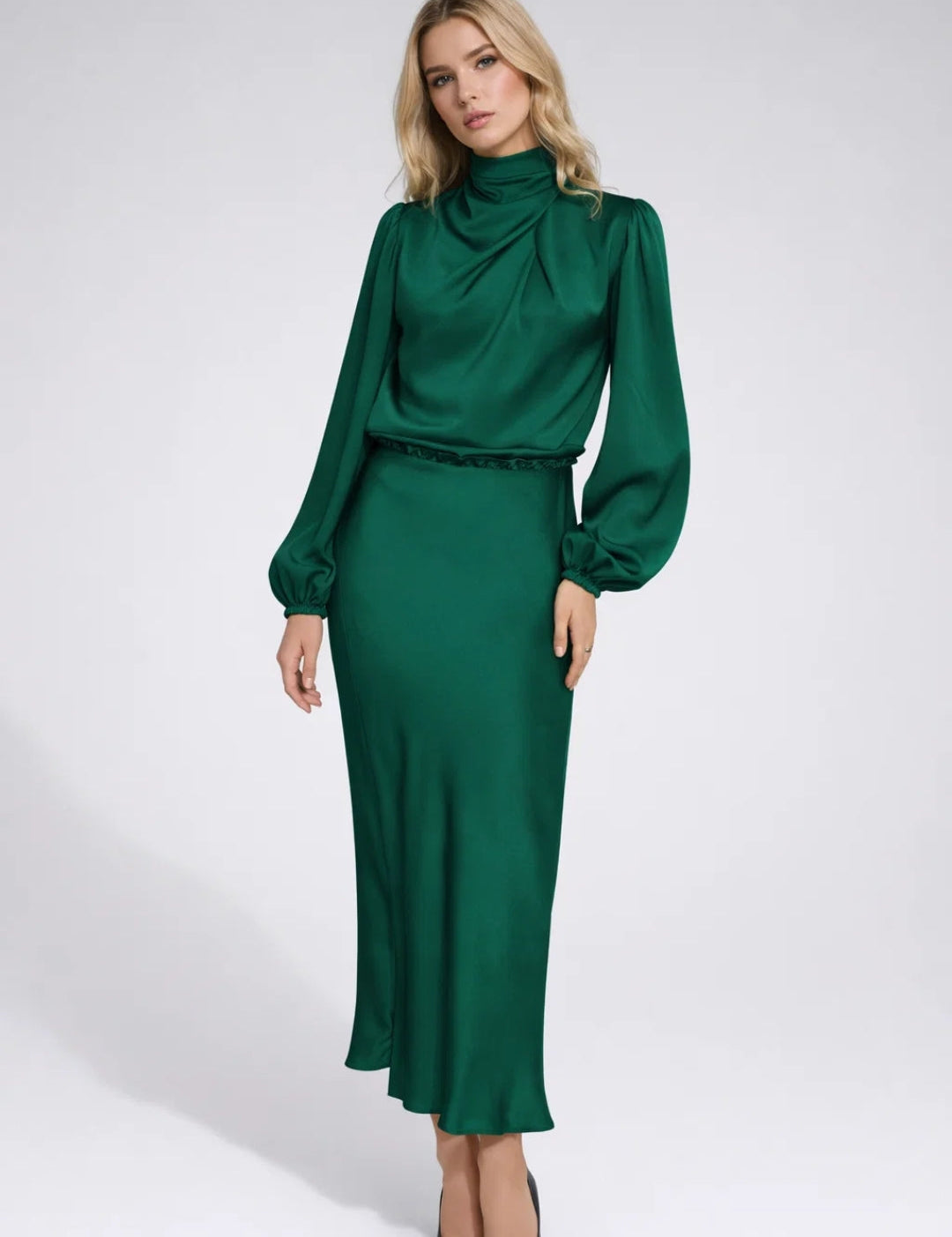 Satin Midi Dress with High Neck - Viviane