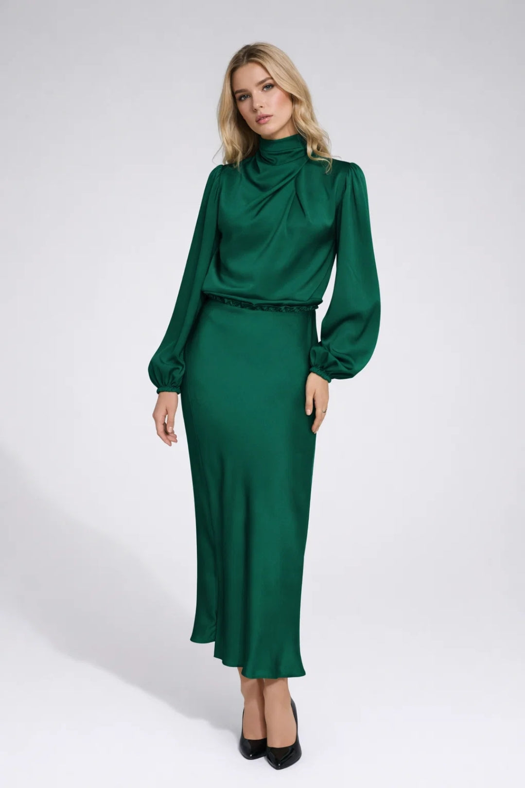 Satin Midi Dress with High Neck - Viviane