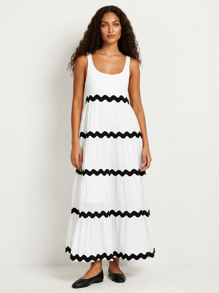 Sleeveless Maxi Dress with Wavy Contrast Details - Sophie