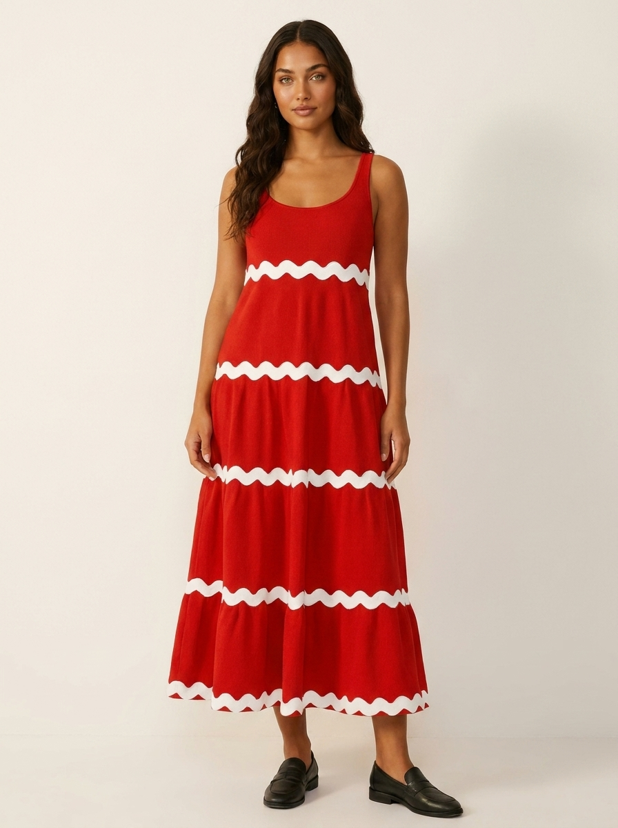Sleeveless Maxi Dress with Wavy Contrast Details - Sophie