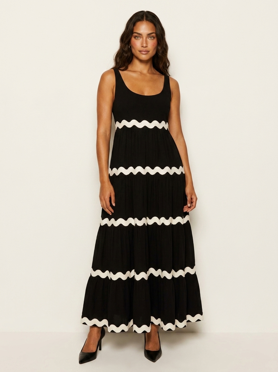 Sleeveless Maxi Dress with Wavy Contrast Details - Sophie
