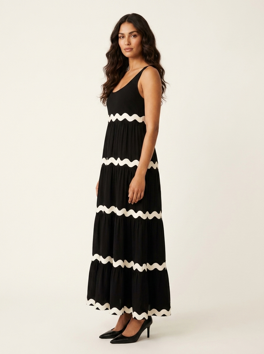Sleeveless Maxi Dress with Wavy Contrast Details - Sophie